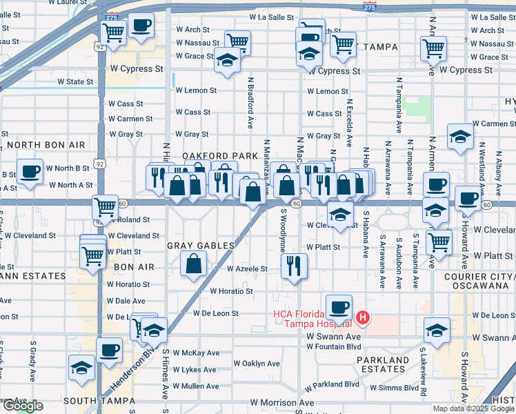 map of restaurants, bars, coffee shops, grocery stores, and more near 15 North Matanzas Avenue in Tampa