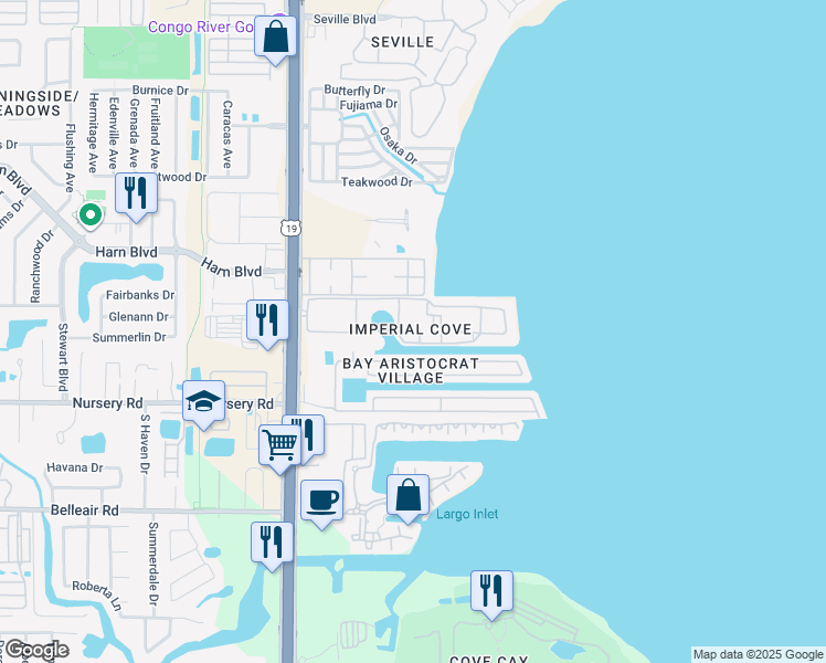 map of restaurants, bars, coffee shops, grocery stores, and more near 19029 Imperial Cove in Clearwater