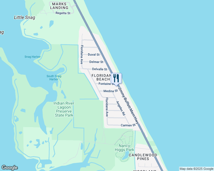 map of restaurants, bars, coffee shops, grocery stores, and more near 110 Fontaine Street in Melbourne Beach