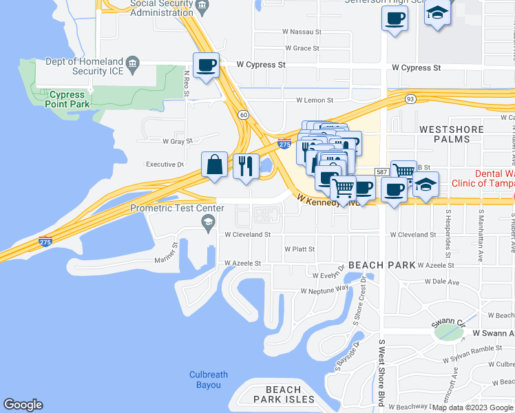 map of restaurants, bars, coffee shops, grocery stores, and more near 5256 West Kennedy Boulevard in Tampa