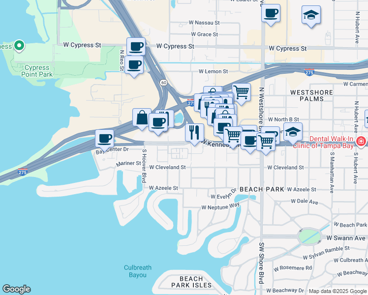 map of restaurants, bars, coffee shops, grocery stores, and more near 5201 West Kennedy Boulevard in Tampa