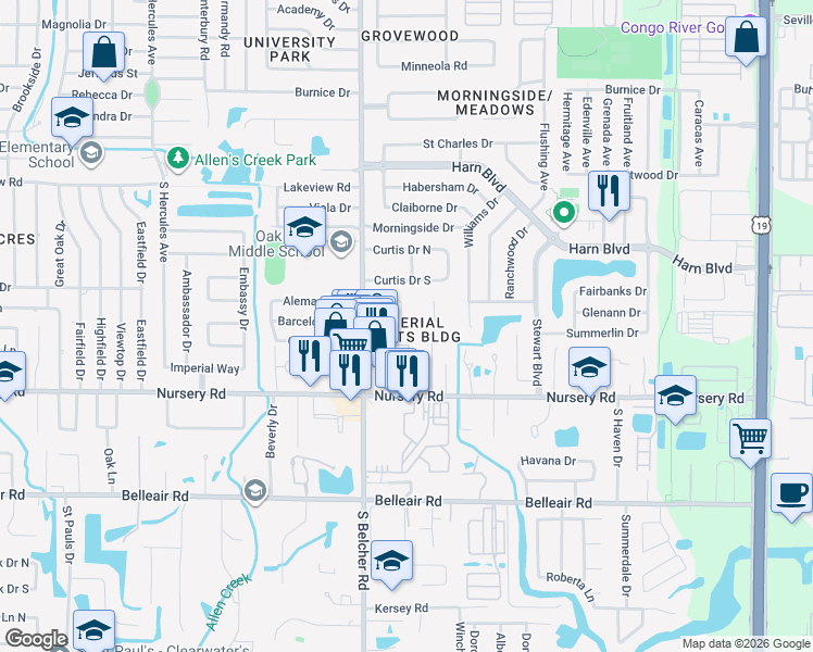 map of restaurants, bars, coffee shops, grocery stores, and more near 1433 South Belcher Road in Clearwater