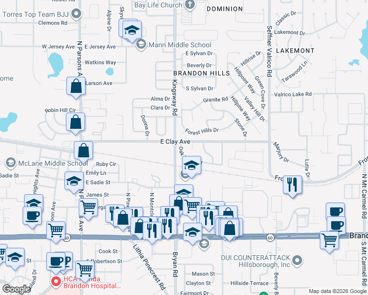map of restaurants, bars, coffee shops, grocery stores, and more near 600 Clay Court in Brandon