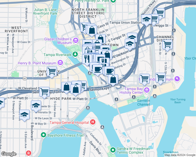 map of restaurants, bars, coffee shops, grocery stores, and more near 100 Ashley Drive South in Tampa