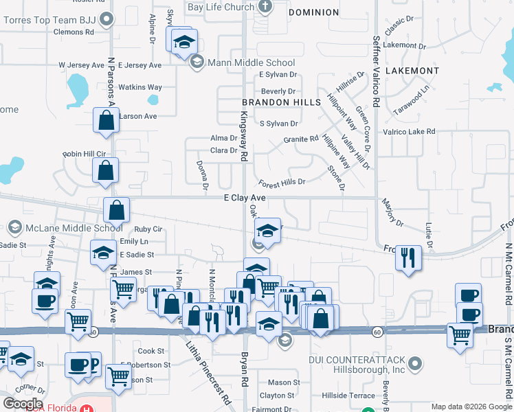 map of restaurants, bars, coffee shops, grocery stores, and more near 603 Oak Ridge Drive in Brandon