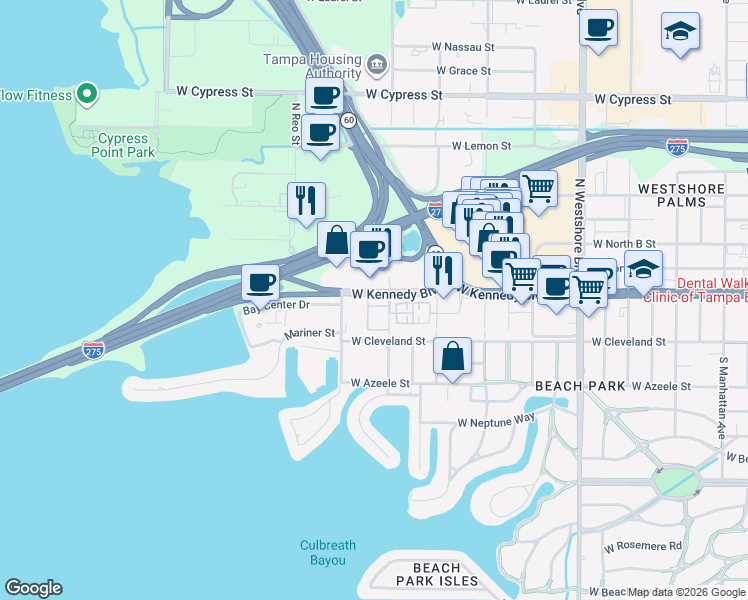map of restaurants, bars, coffee shops, grocery stores, and more near 5306 West Kennedy Boulevard in Tampa