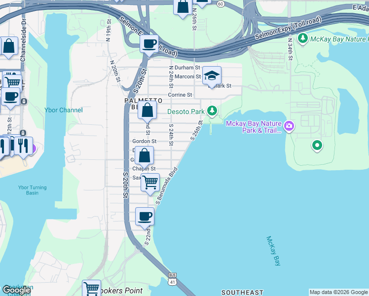 map of restaurants, bars, coffee shops, grocery stores, and more near 605 South 26th Street in Tampa