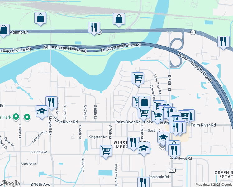 map of restaurants, bars, coffee shops, grocery stores, and more near 615 River Bay Drive in Tampa