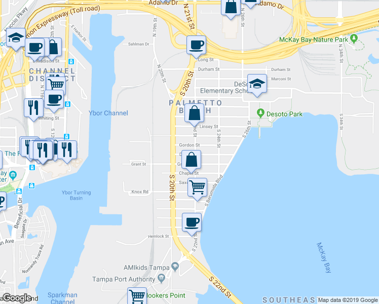 map of restaurants, bars, coffee shops, grocery stores, and more near 2015 Gordon Street in Tampa