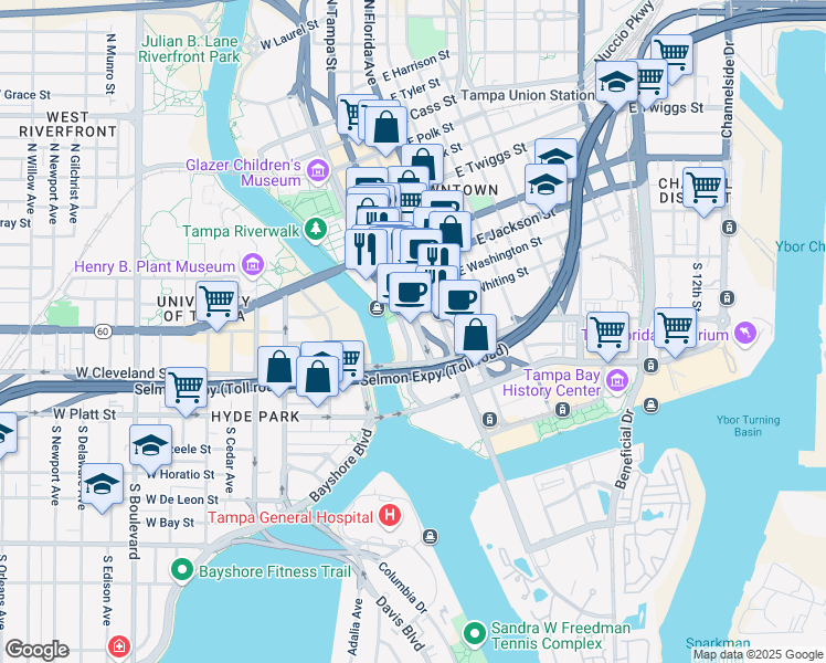 map of restaurants, bars, coffee shops, grocery stores, and more near 100 Ashley Drive South in Tampa