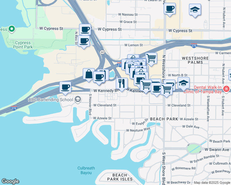 map of restaurants, bars, coffee shops, grocery stores, and more near 5201 West Kennedy Boulevard in Tampa