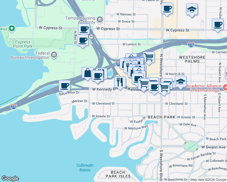 map of restaurants, bars, coffee shops, grocery stores, and more near 5201 West Kennedy Boulevard in Tampa