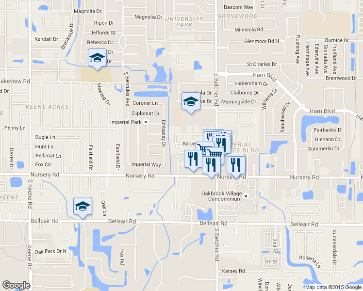 map of restaurants, bars, coffee shops, grocery stores, and more near 2122 Barcelona Drive in Clearwater