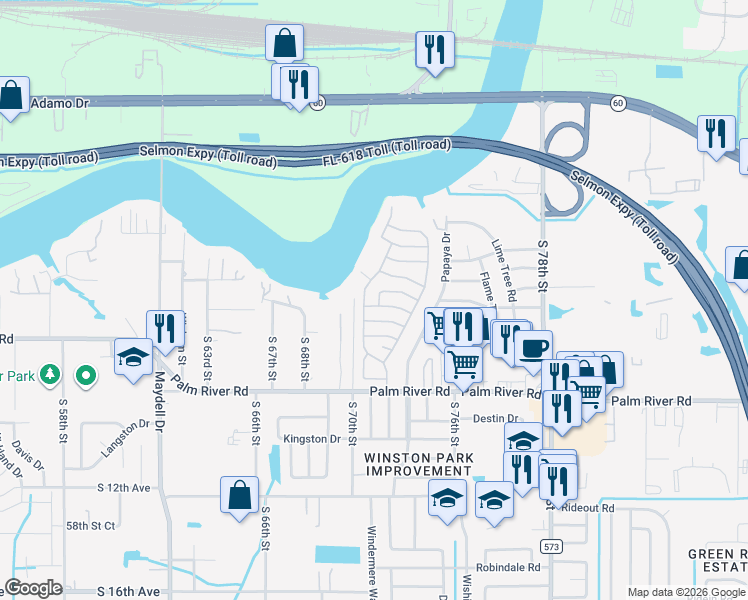 map of restaurants, bars, coffee shops, grocery stores, and more near 615 River Bay Drive in Tampa