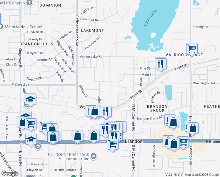 map of restaurants, bars, coffee shops, grocery stores, and more near 412 Darcy Bluff Place in Valrico