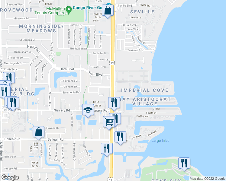 map of restaurants, bars, coffee shops, grocery stores, and more near 19029 Florida 55 in Clearwater