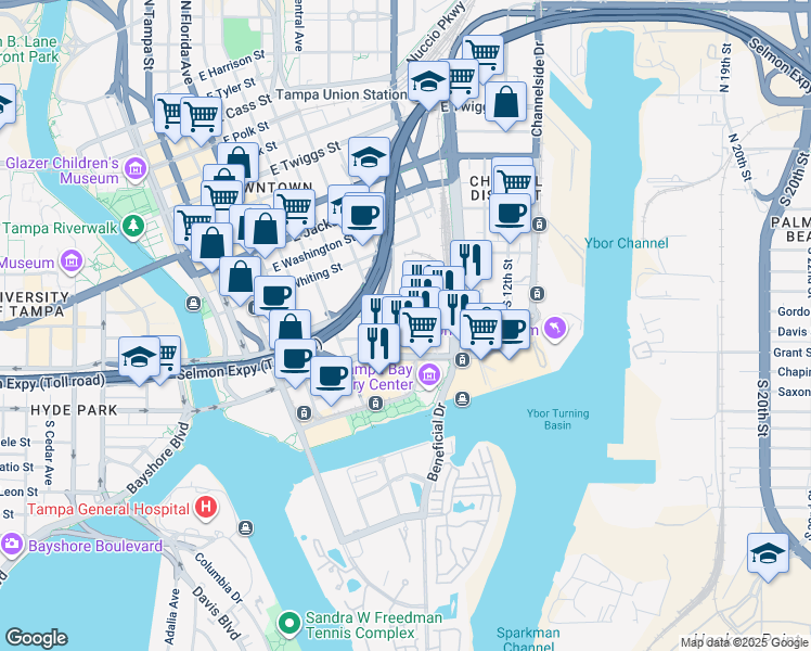 map of restaurants, bars, coffee shops, grocery stores, and more near 1050 Water Street in Tampa