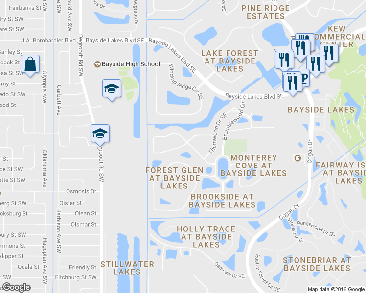 map of restaurants, bars, coffee shops, grocery stores, and more near Ridgemont Circle in Palm Bay