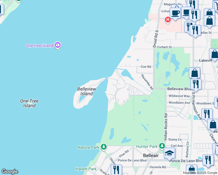 map of restaurants, bars, coffee shops, grocery stores, and more near 1 Seaside Lane in Belleair