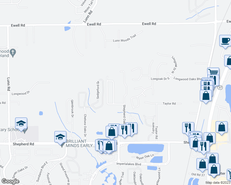 map of restaurants, bars, coffee shops, grocery stores, and more near 6596 Shepherd Oaks Pass in Lakeland
