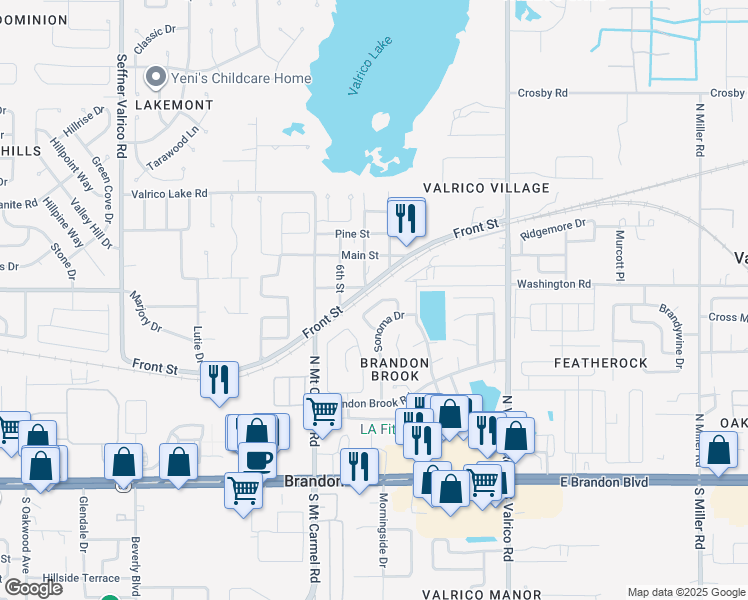 map of restaurants, bars, coffee shops, grocery stores, and more near 524 Napa Valley Circle in Valrico