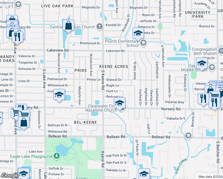 map of restaurants, bars, coffee shops, grocery stores, and more near 1833 Bugle Lane in Clearwater