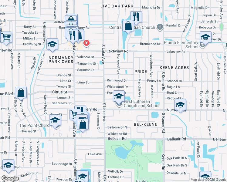 map of restaurants, bars, coffee shops, grocery stores, and more near 1619 Whitewood Drive in Clearwater