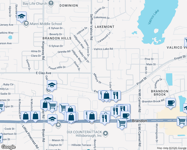 map of restaurants, bars, coffee shops, grocery stores, and more near 413 Seffner Valrico Road in Valrico