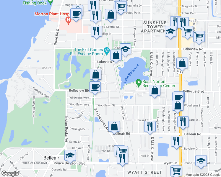 map of restaurants, bars, coffee shops, grocery stores, and more near 612 Belleview Boulevard in Belleair