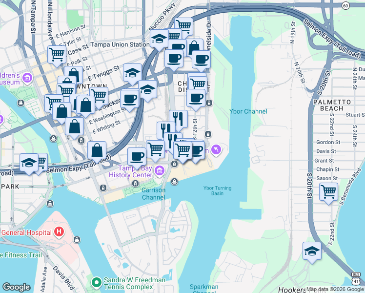 map of restaurants, bars, coffee shops, grocery stores, and more near 1209 East Cumberland Avenue in Tampa