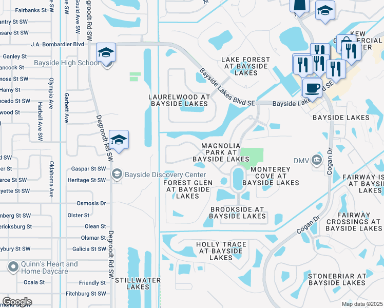 map of restaurants, bars, coffee shops, grocery stores, and more near 106 Ridgemont Circle Southeast in Palm Bay