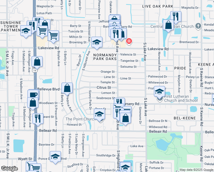 map of restaurants, bars, coffee shops, grocery stores, and more near 1457 Temple Street in Clearwater