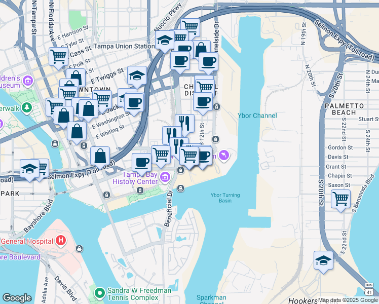 map of restaurants, bars, coffee shops, grocery stores, and more near 1209 East Cumberland Avenue in Tampa