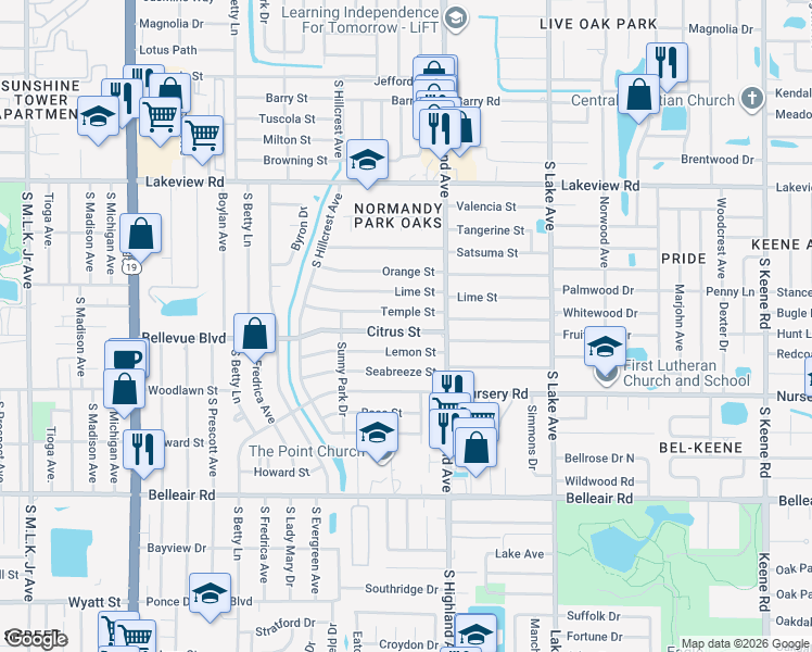 map of restaurants, bars, coffee shops, grocery stores, and more near 1457 Temple Street in Clearwater