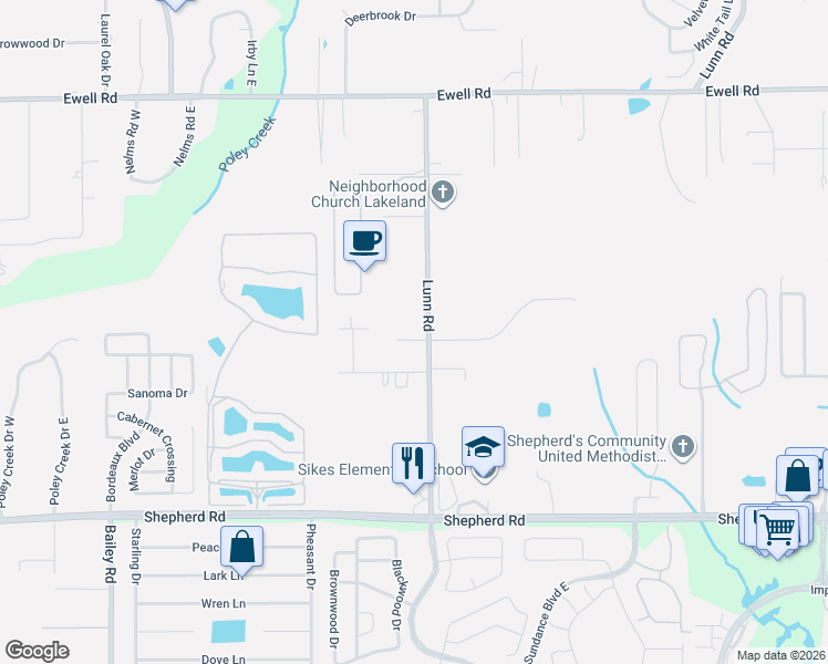 map of restaurants, bars, coffee shops, grocery stores, and more near 2805 John David Place in Lakeland