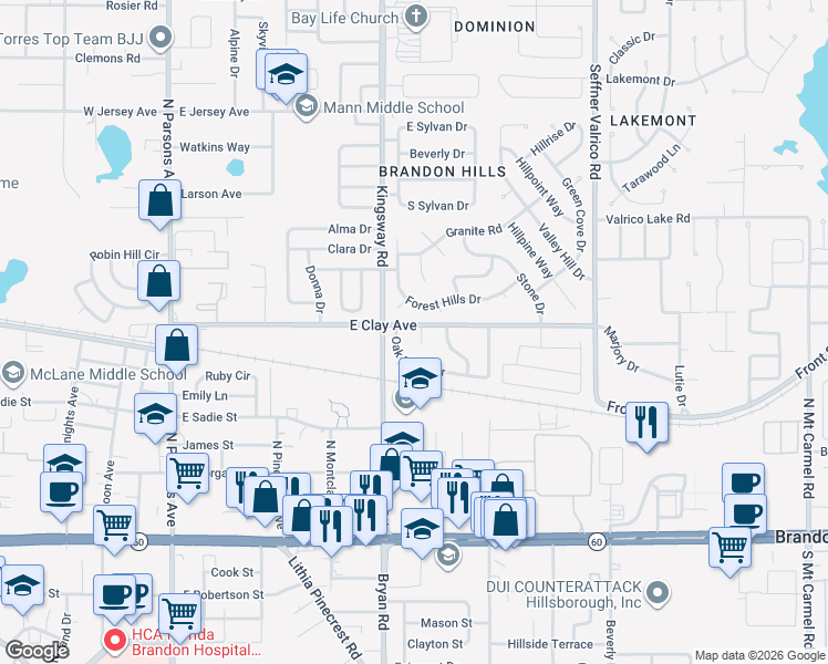 map of restaurants, bars, coffee shops, grocery stores, and more near 600 Clay Court in Brandon
