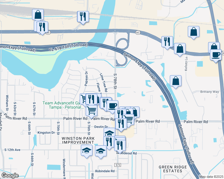 map of restaurants, bars, coffee shops, grocery stores, and more near 7707 Gray Moss Lane in Tampa