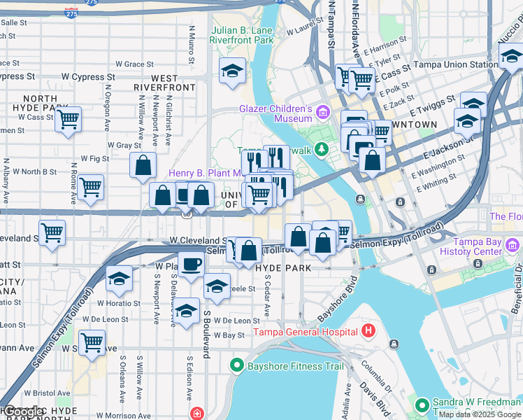 map of restaurants, bars, coffee shops, grocery stores, and more near in Tampa