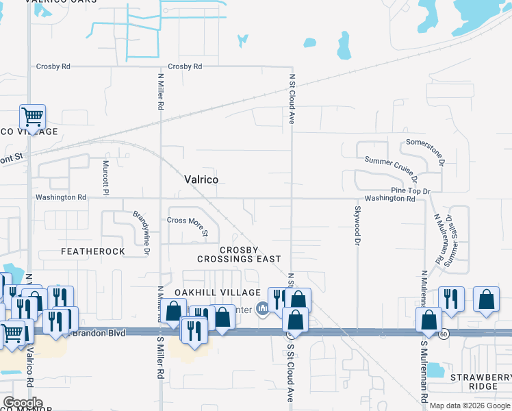 map of restaurants, bars, coffee shops, grocery stores, and more near 2709 Washington Road in Valrico