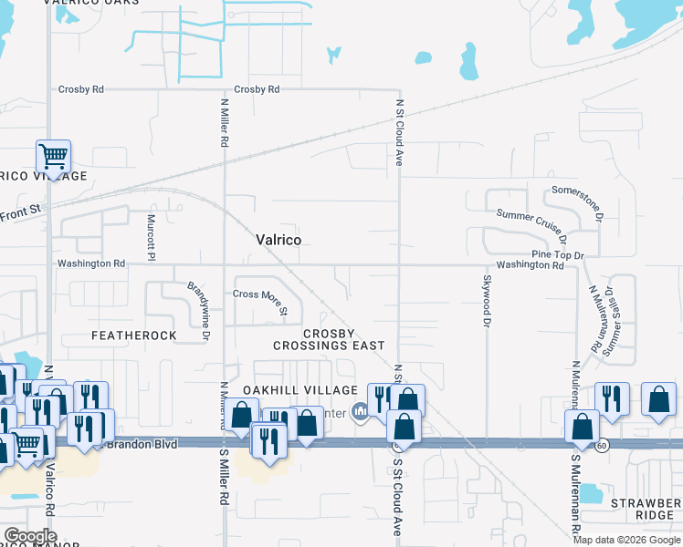 map of restaurants, bars, coffee shops, grocery stores, and more near 2709 Washington Road in Valrico