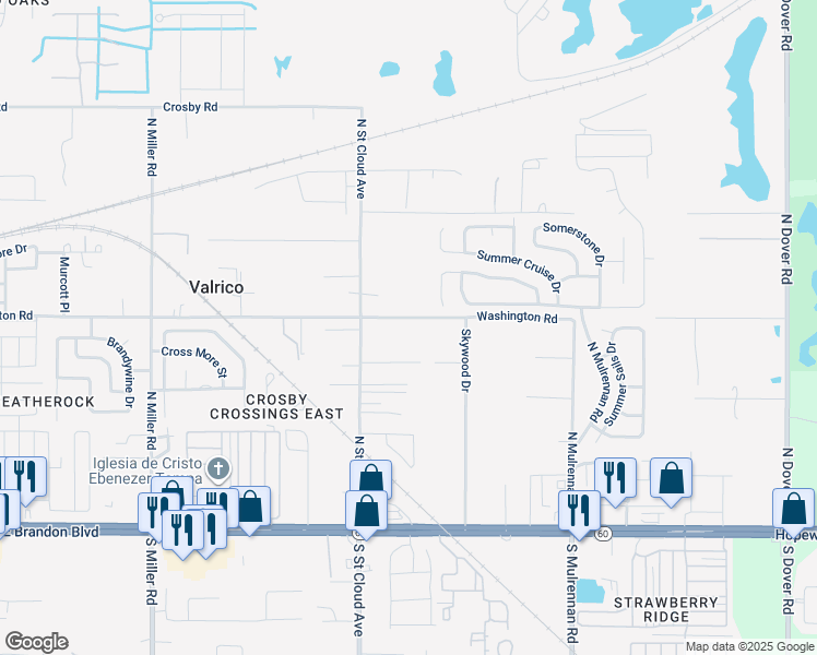map of restaurants, bars, coffee shops, grocery stores, and more near 2925 Washington Road in Valrico
