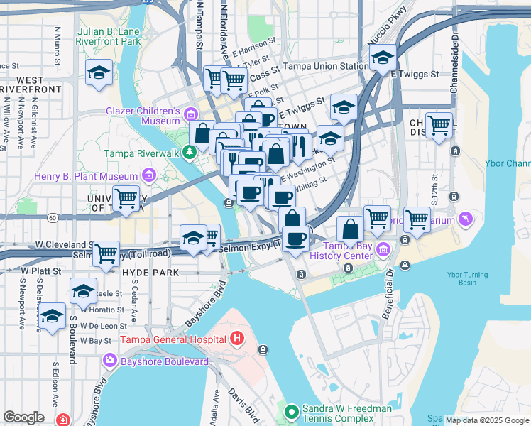 map of restaurants, bars, coffee shops, grocery stores, and more near 197 East Whiting Street in Tampa