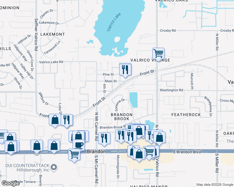 map of restaurants, bars, coffee shops, grocery stores, and more near 528 Napa Valley Circle in Valrico