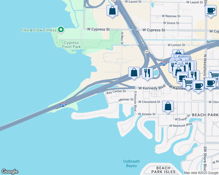 map of restaurants, bars, coffee shops, grocery stores, and more near State Highway 93 in Tampa