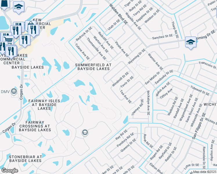 map of restaurants, bars, coffee shops, grocery stores, and more near 911 Windmill Street Southeast in Palm Bay