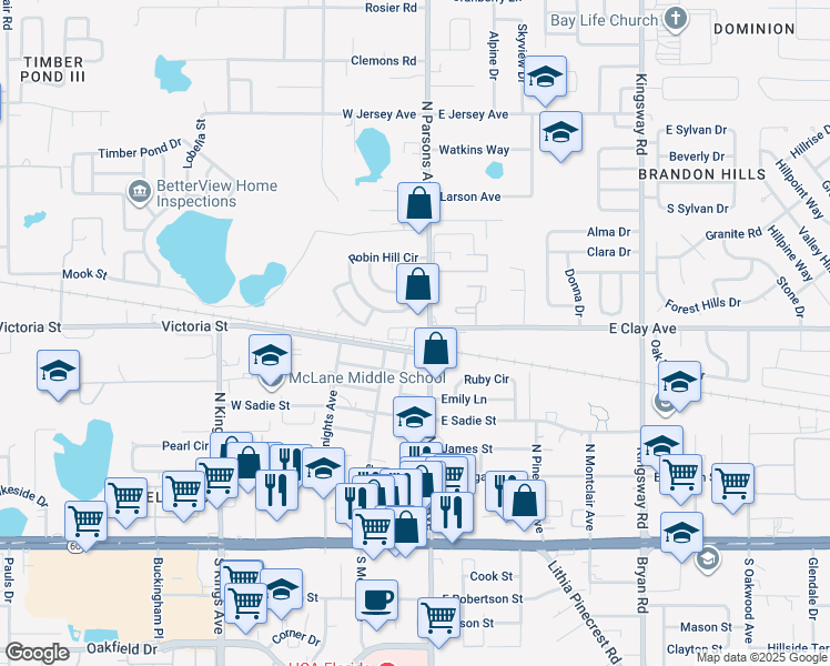 map of restaurants, bars, coffee shops, grocery stores, and more near 115 West Clay Avenue in Brandon