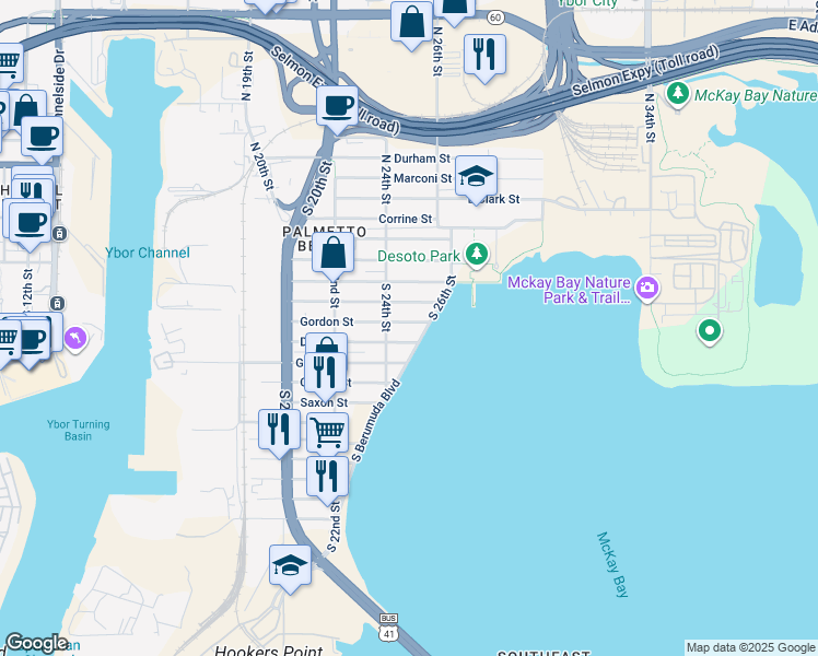 map of restaurants, bars, coffee shops, grocery stores, and more near 2401 Gordon Street in Tampa