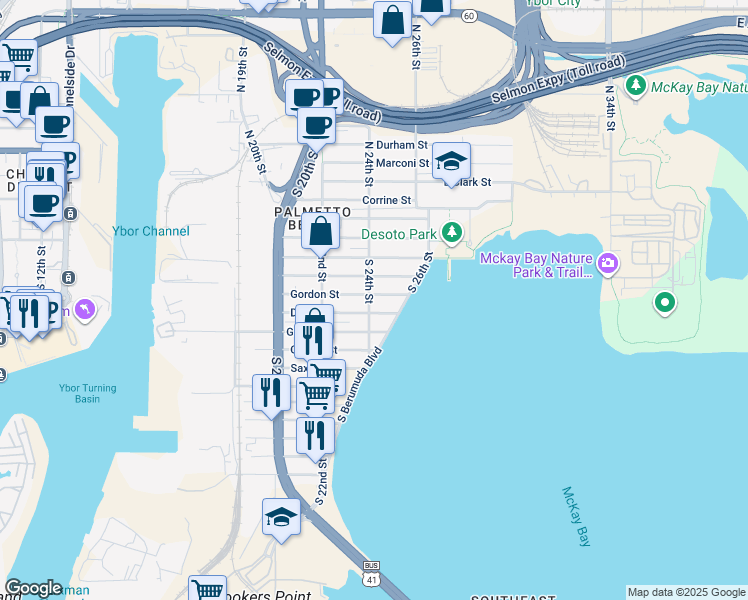 map of restaurants, bars, coffee shops, grocery stores, and more near 2401 Gordon Street in Tampa