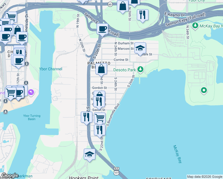 map of restaurants, bars, coffee shops, grocery stores, and more near 2207 Gordon Street in Tampa