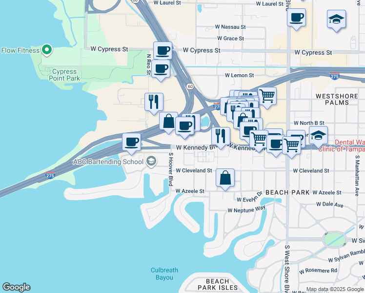 map of restaurants, bars, coffee shops, grocery stores, and more near 5303 West Kennedy Boulevard in Tampa